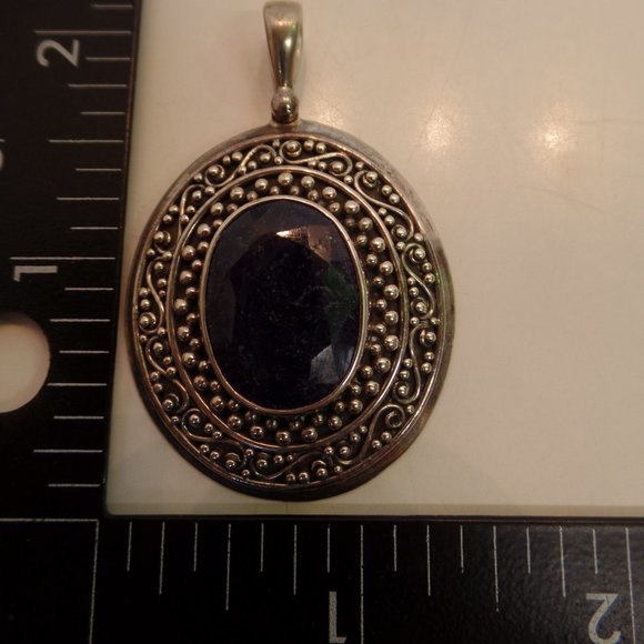 Samuel B Stamped 9.25 Sterling BJC Caviar Detailing Bold Pendant Blue Stone - Picture 10 of 12